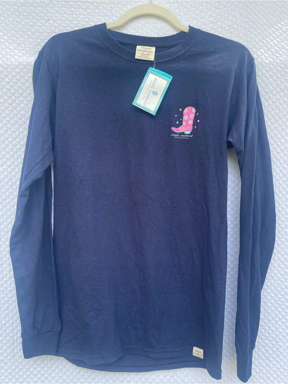 Simply Southern Women’s Small Navy Blue Long Sleeve Faith Cowboy Boots Shirt NWT - Picture 3 of 6